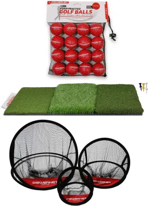 PowerNet Practice Golf Balls & Tri-Turf Mat & 3 Chipping Nets, Golf Training Aid, Portable Golf Hitting Mat with Foam Golf Balls & Chipping Targets, Ultimate Chipping Bundle or Tri-Turf & Balls