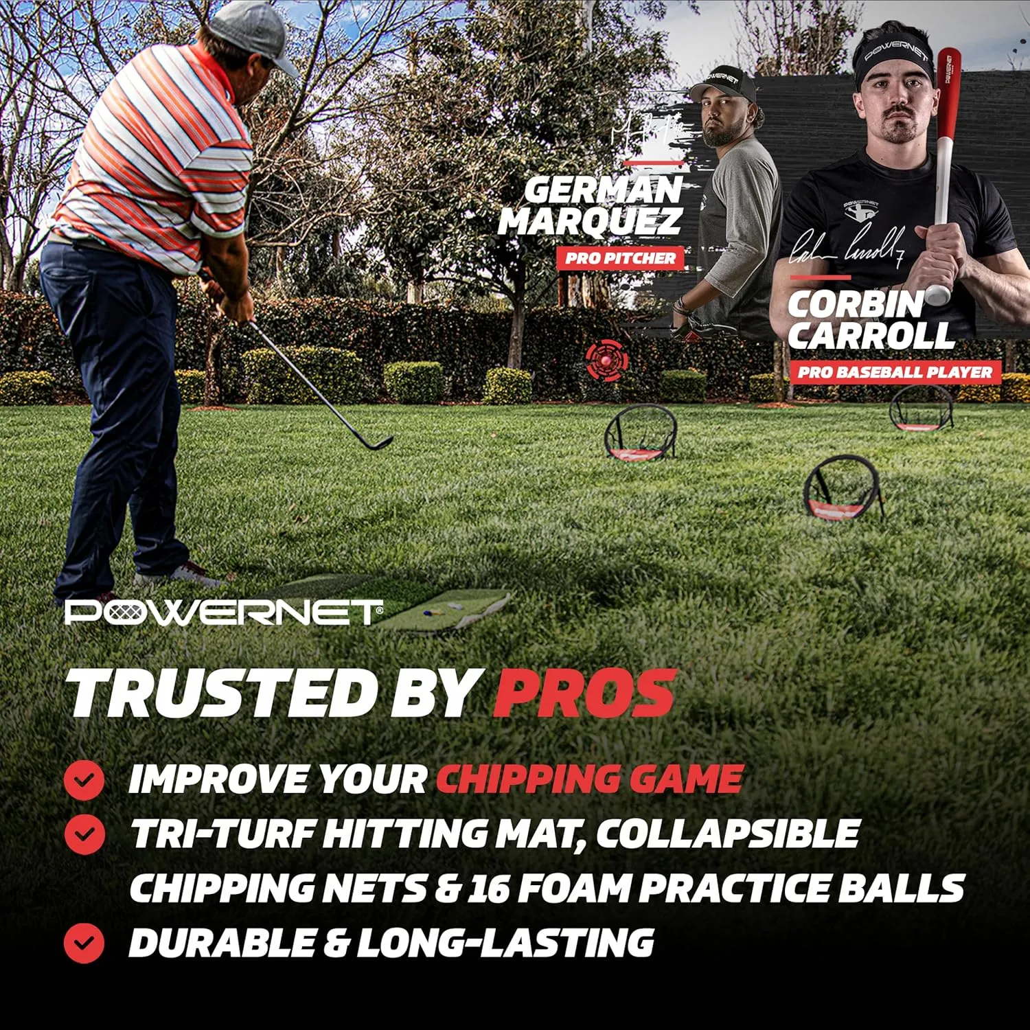 PowerNet Practice Golf Balls & Tri-Turf Mat & 3 Chipping Nets, Golf Training Aid, Portable Golf Hitting Mat with Foam Golf Balls & Chipping Targets, Ultimate Chipping Bundle or Tri-Turf & Balls