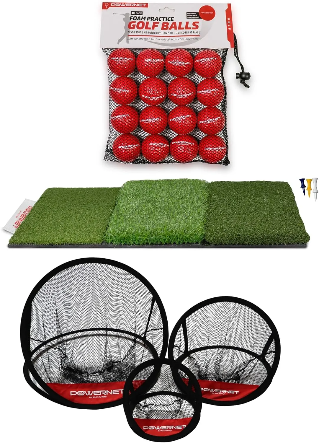 PowerNet Practice Golf Balls & Tri-Turf Mat & 3 Chipping Nets, Golf Training Aid, Portable Golf Hitting Mat with Foam Golf Balls & Chipping Targets, Ultimate Chipping Bundle or Tri-Turf & Balls