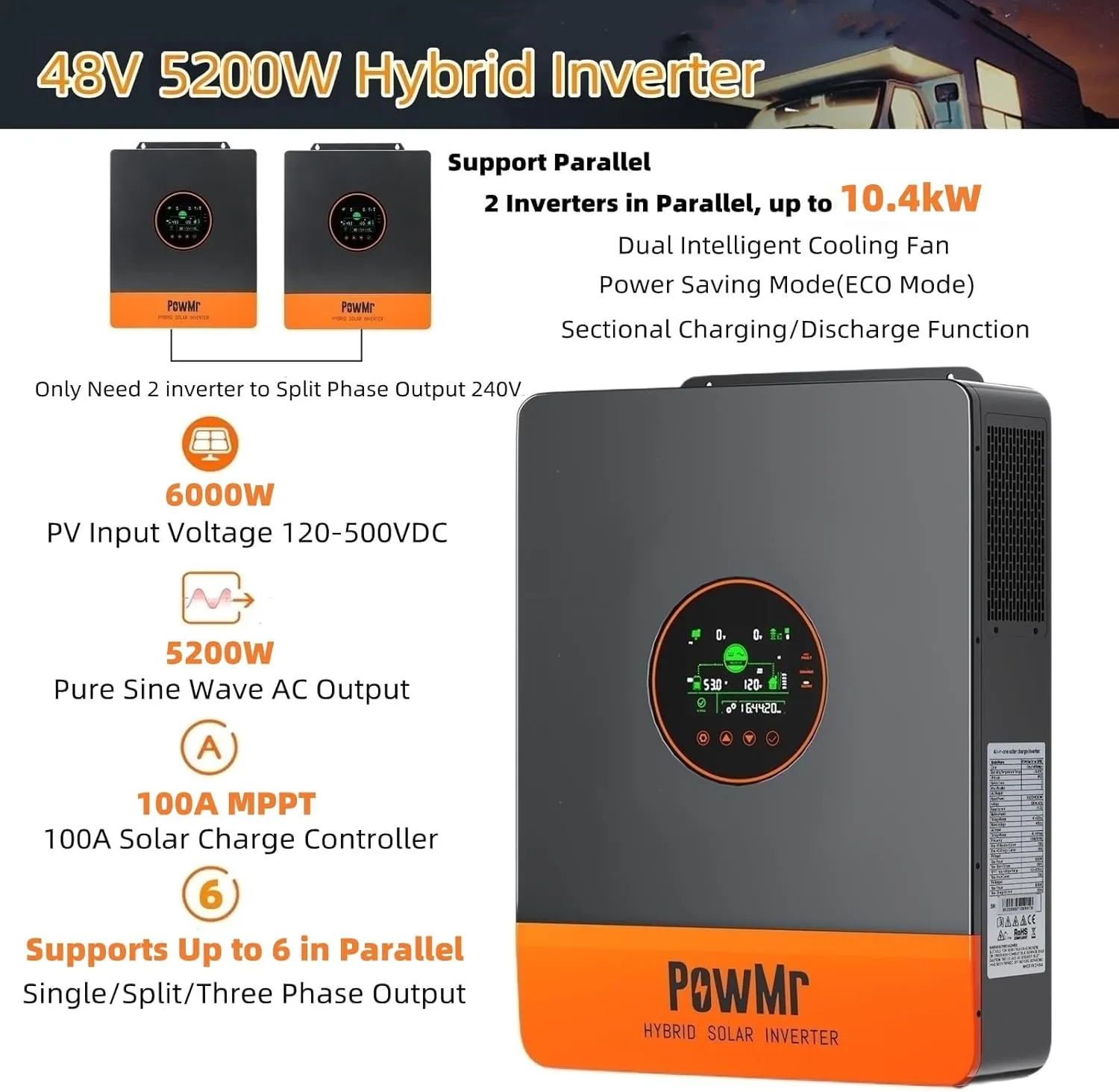 PowMr 5200W Hybrid Solar Inverter 48V DC to 110V/120VAC, Split Phase Inverter with 100A MPPT Controller, Max. PV Input 6KW 500VDC, Support 6 Units Parallel, for Lead Acid, Li, Batteryless Run