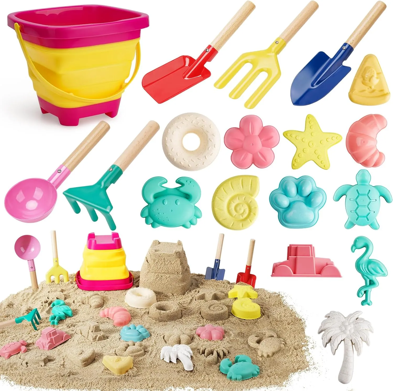 Premium Collapsible Beach Sand Toys Set for Kids Toddlers – 5 Kid-Friendly 8" Metal Shovels, Collapsible Sand Bucket, 12 Sturdy Medium-Size Molds, Sandbox Toys for Boys Girls Ages 3 4 5 6 7 8 9 10 11