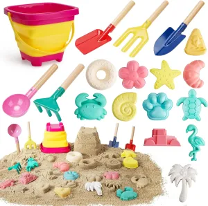 Premium Collapsible Beach Sand Toys Set for Kids Toddlers – 5 Kid-Friendly 8" Metal Shovels, Collapsible Sand Bucket, 12 Sturdy Medium-Size Molds, Sandbox Toys for Boys Girls Ages 3 4 5 6 7 8 9 10 11