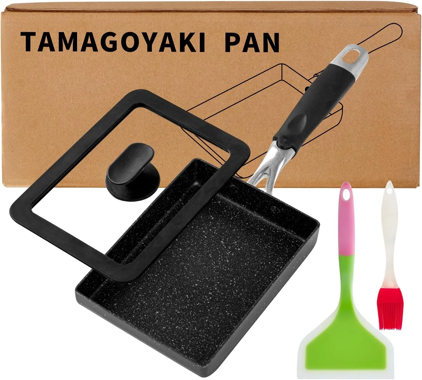 Premium Tamagoyaki Pan - 7" x 5" Japanese Omelette Pan with Nonstick Coating, Lid, and Oil Brush