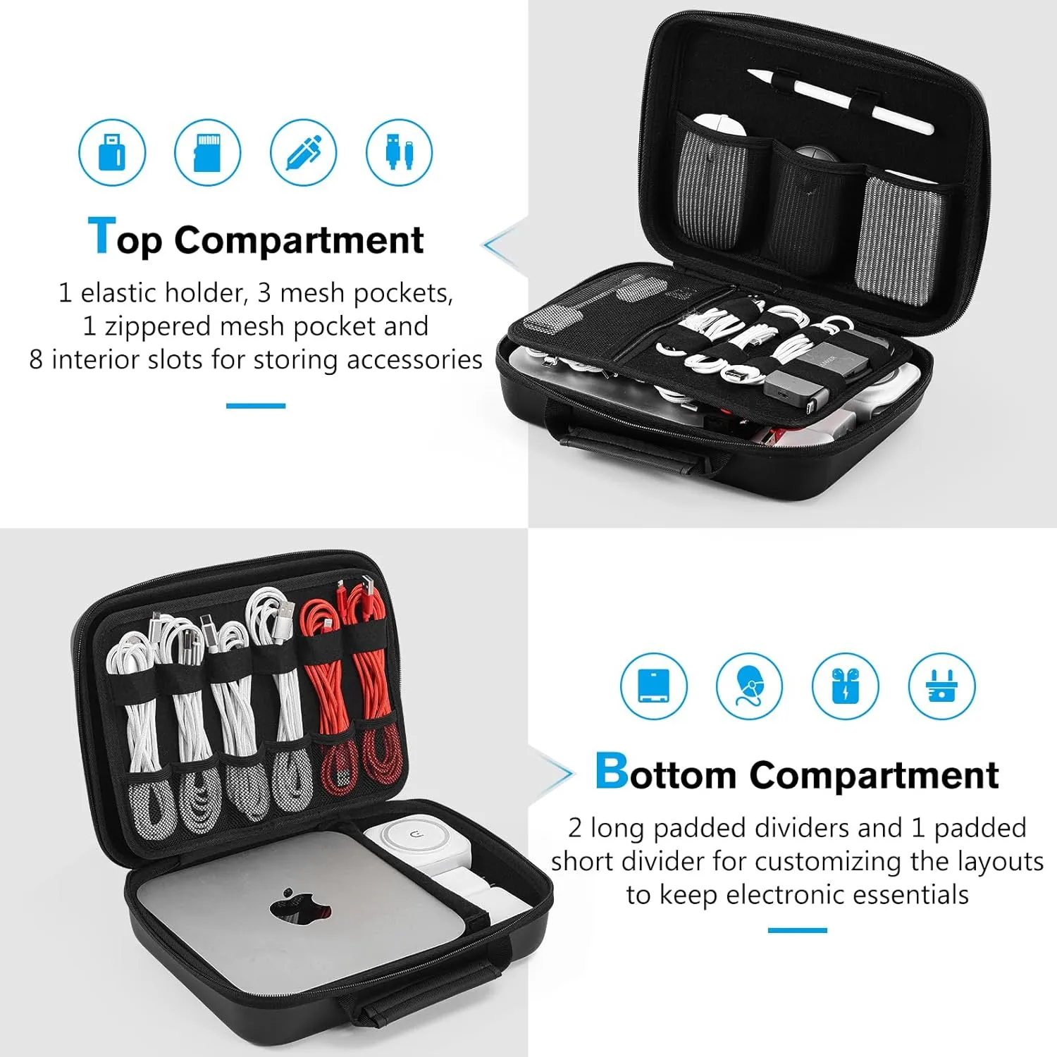 ProCase Hard Travel Electronic Organizer Case for MacBook Power Adapter Chargers Cables Power Bank Apple Magic Mouse Apple Pencil USB Flash Disk SD Card Small Portable Accessories Bag -XL, Black