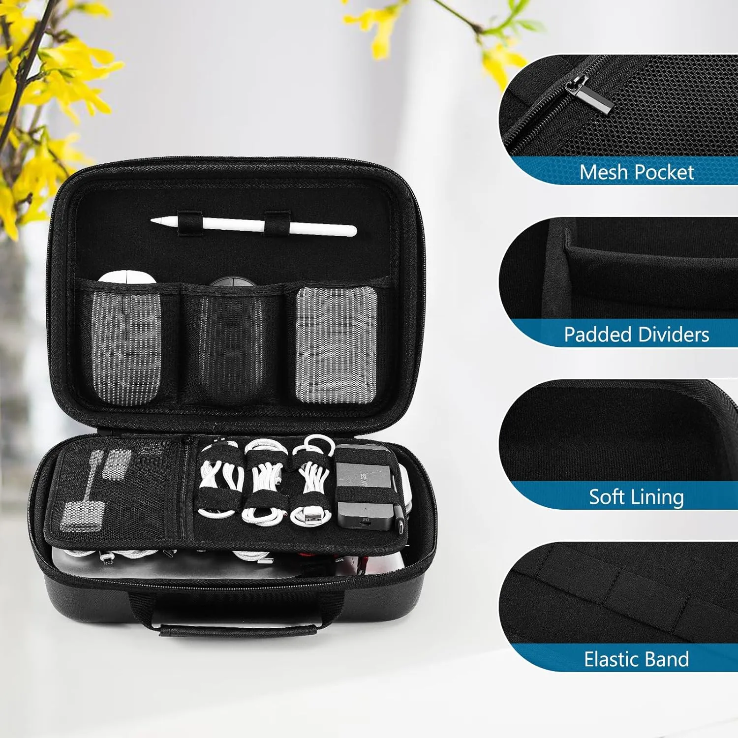 ProCase Hard Travel Electronic Organizer Case for MacBook Power Adapter Chargers Cables Power Bank Apple Magic Mouse Apple Pencil USB Flash Disk SD Card Small Portable Accessories Bag -XL, Black