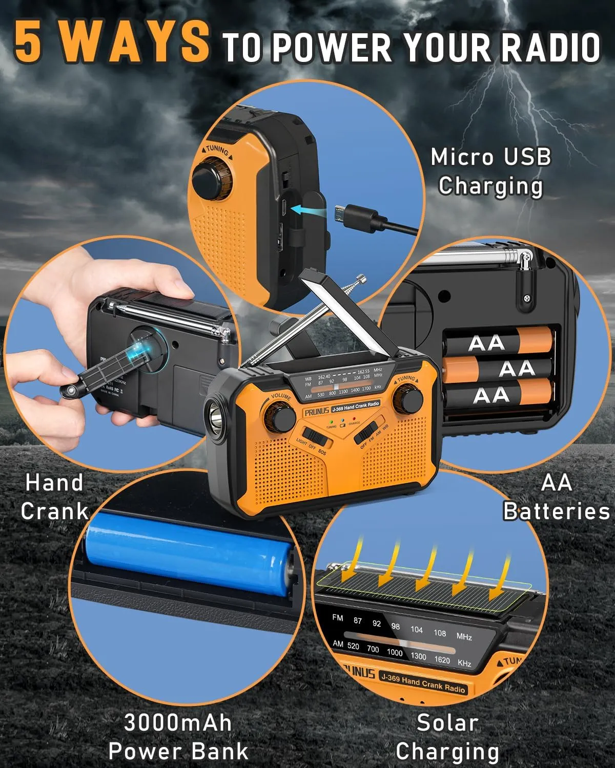 PRUNUS J-369 11100mWh Emergency Weather Radio, AA Batteries/Hand Crank/Solar/USB Charging, NOAA/AM/FM, LED Flashlight and Reading Lamp,SOS Alarm & Flashlight
