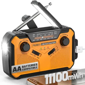 PRUNUS J-369 11100mWh Emergency Weather Radio, AA Batteries/Hand Crank/Solar/USB Charging, NOAA/AM/FM, LED Flashlight and Reading Lamp,SOS Alarm & Flashlight