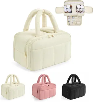 Puffy Travel Toiletry Bag for Women,Lightweight Cosmetic Organizer with Wet-Dry Compartments & Handle,Large Makeup Bag for Essentials (Beige)