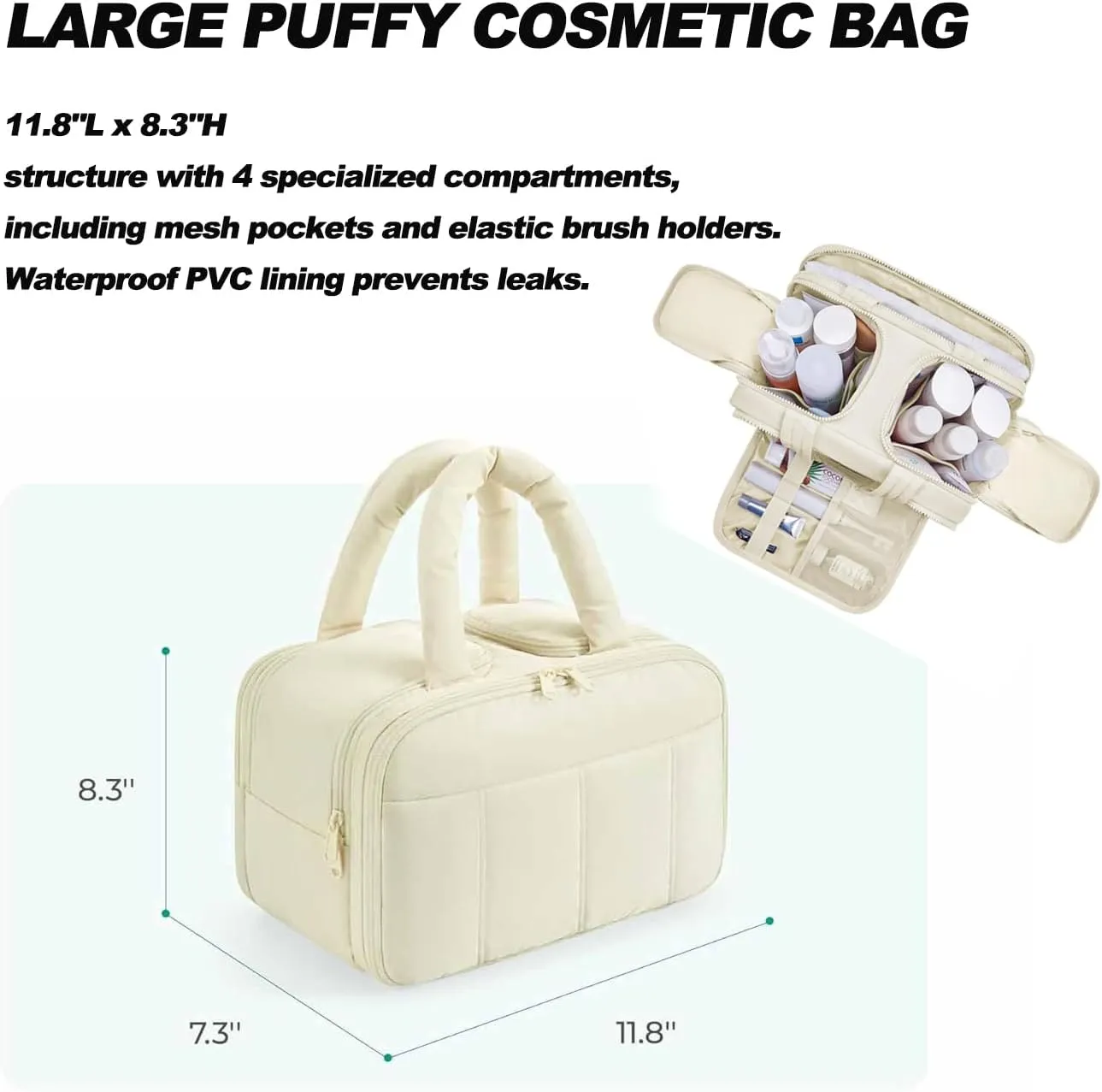 Puffy Travel Toiletry Bag for Women,Lightweight Cosmetic Organizer with Wet-Dry Compartments & Handle,Large Makeup Bag for Essentials (Beige)