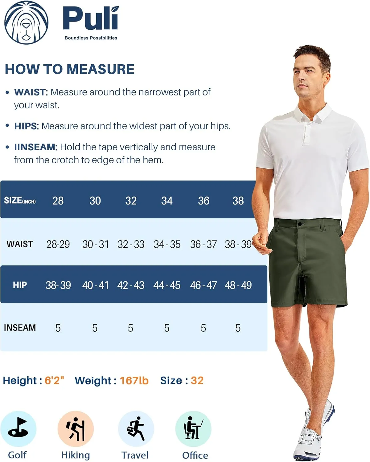 PULI Golf Shorts Men 5 Inch Inseam Stretch Casual Dress Shorts with Pockets Waterproof Lightweight Quick Dry
