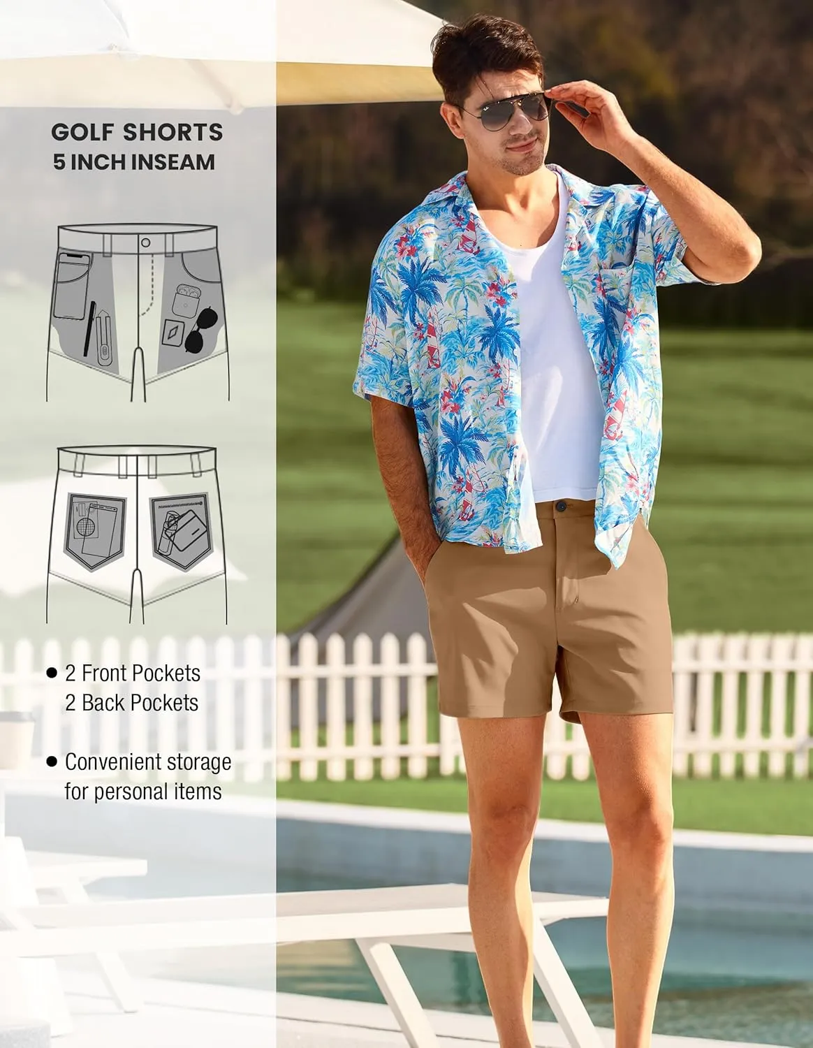 PULI Golf Shorts Men 5 Inch Inseam Stretch Casual Dress Shorts with Pockets Waterproof Lightweight Quick Dry