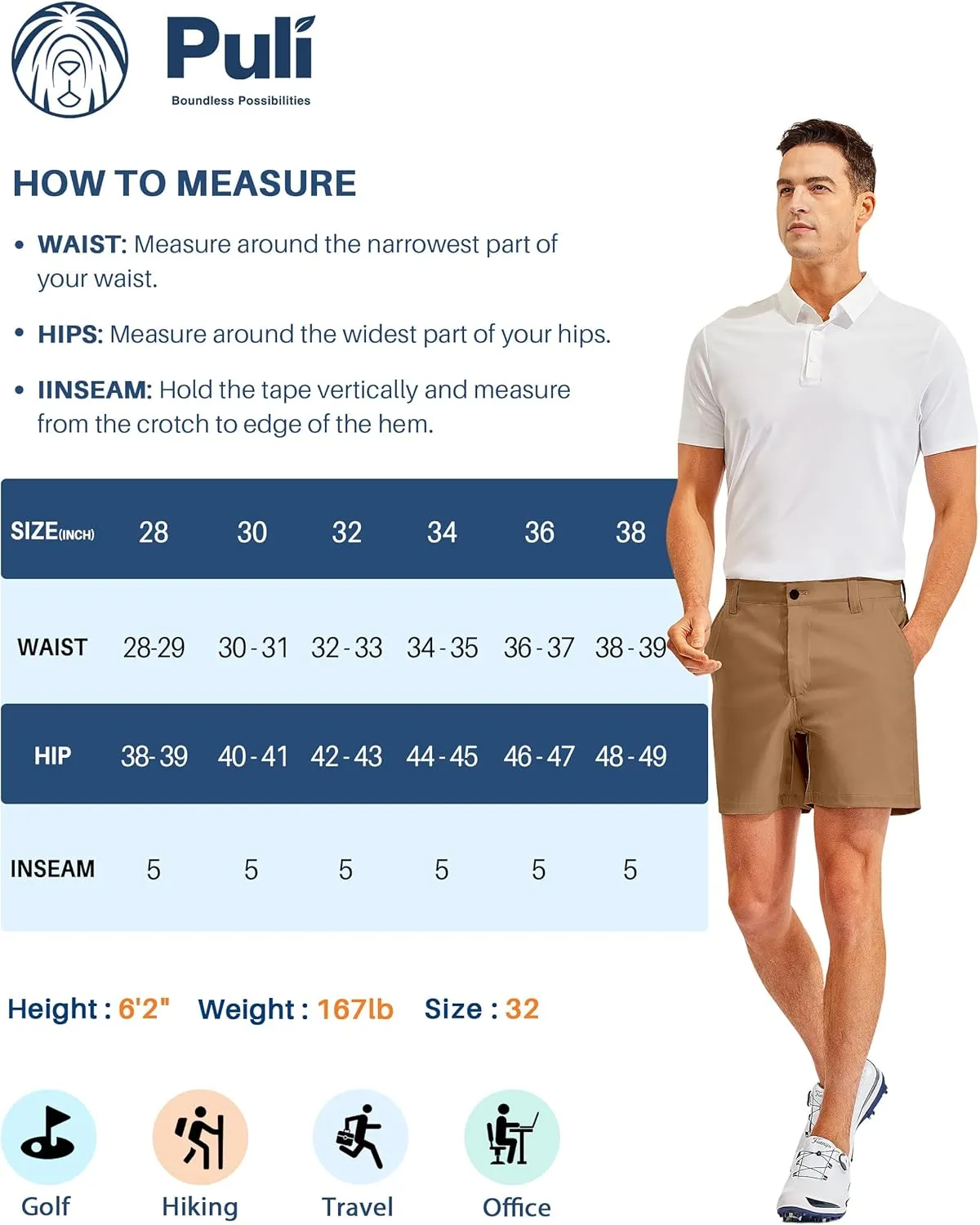 PULI Golf Shorts Men 5 Inch Inseam Stretch Casual Dress Shorts with Pockets Waterproof Lightweight Quick Dry