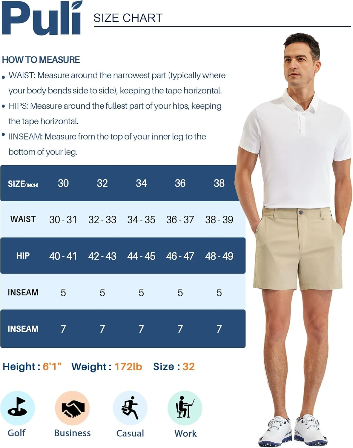 PULI Golf Shorts Men Relaxed Fit Stretch Dress Lightweight Casual Waterproof Travel Quick Dry Summer Shorts 5 Inch Inseam