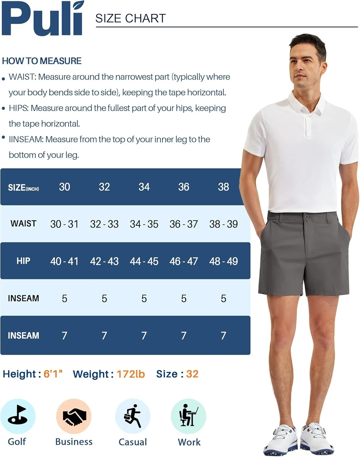 PULI Golf Shorts Men Relaxed Fit Stretch Dress Lightweight Casual Waterproof Travel Quick Dry Summer Shorts 5 Inch Inseam