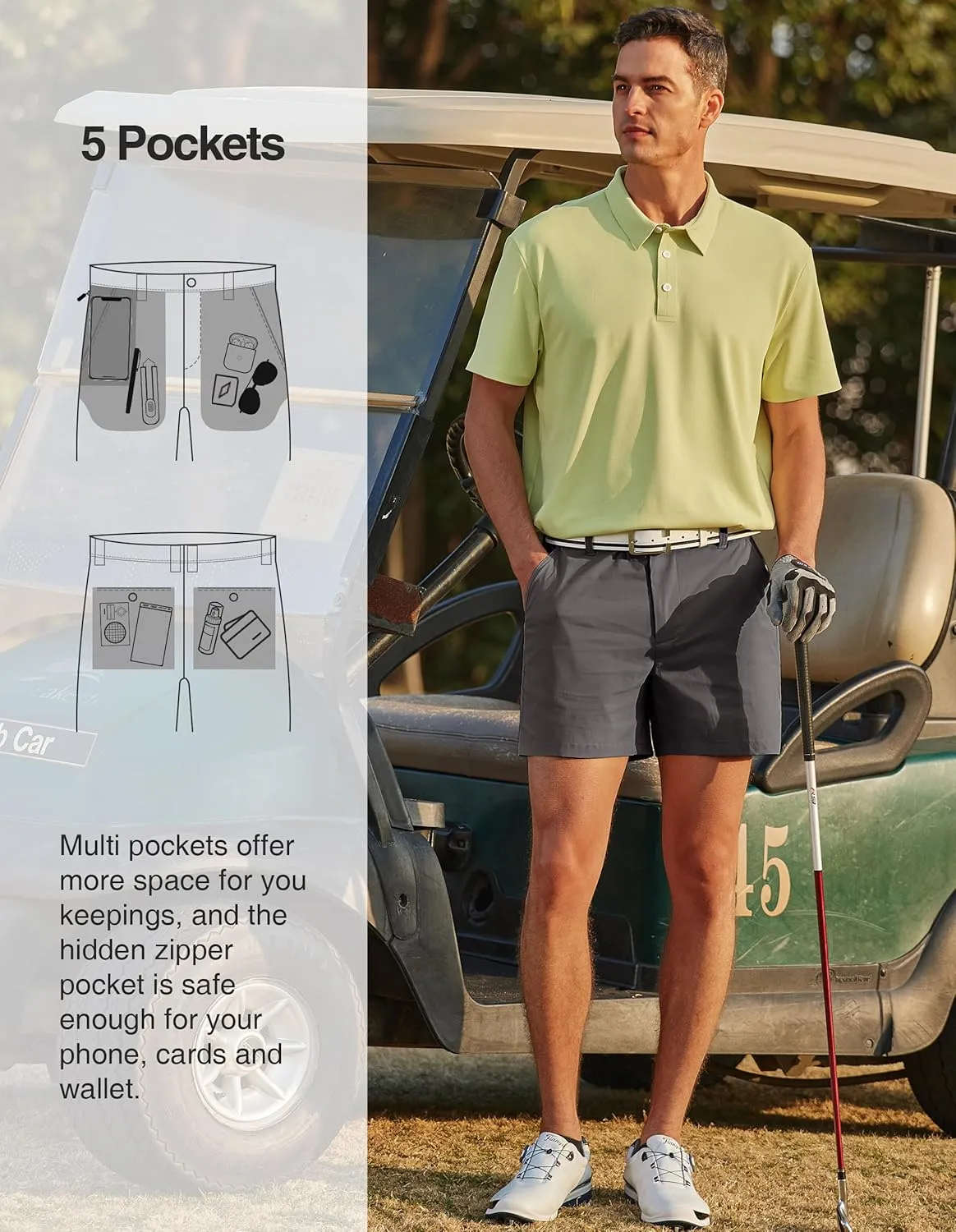 PULI Golf Shorts Men Relaxed Fit Stretch Dress Lightweight Casual Waterproof Travel Quick Dry Summer Shorts 5 Inch Inseam