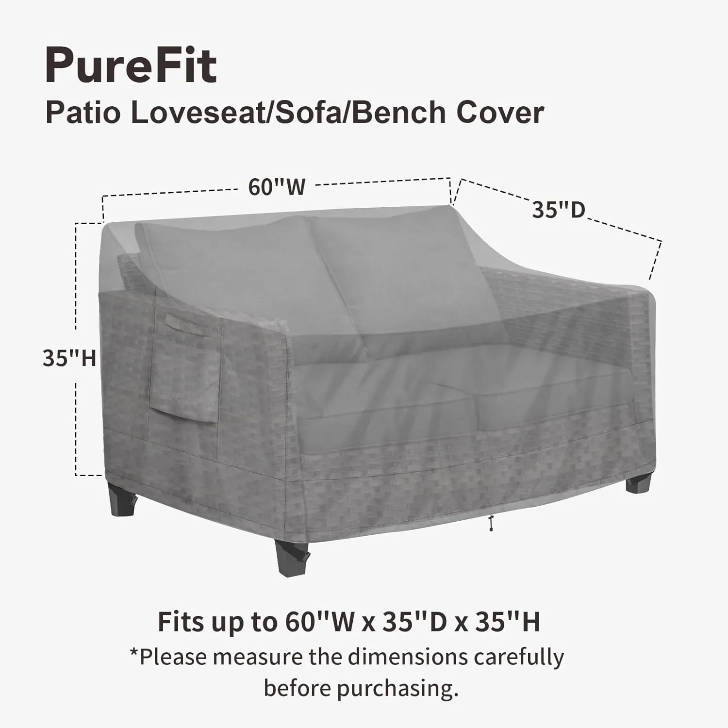 PureFit Outdoor Couch Cover Waterproof Patio Sofa Furniture Covers, 2-Seater Outdoor Loveseat Cover with Air Vent and Handles, 60W x 35D x 35H Inches, Gray