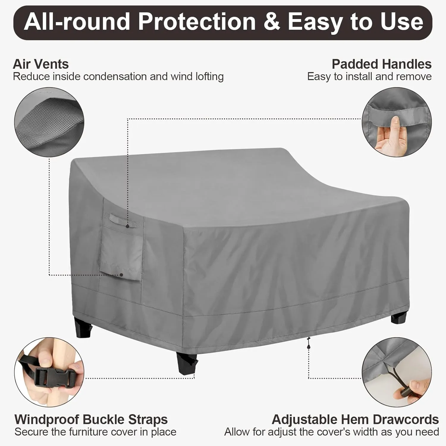 PureFit Outdoor Couch Cover Waterproof Patio Sofa Furniture Covers, 2-Seater Outdoor Loveseat Cover with Air Vent and Handles, 60W x 35D x 35H Inches, Gray