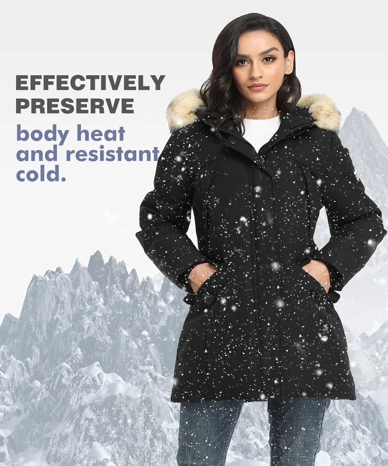 PUREMSX Winter Coat for Women, Thick Warm Fur Hood Insulated Vegan Down Padded Jacket Parka XS-XXL