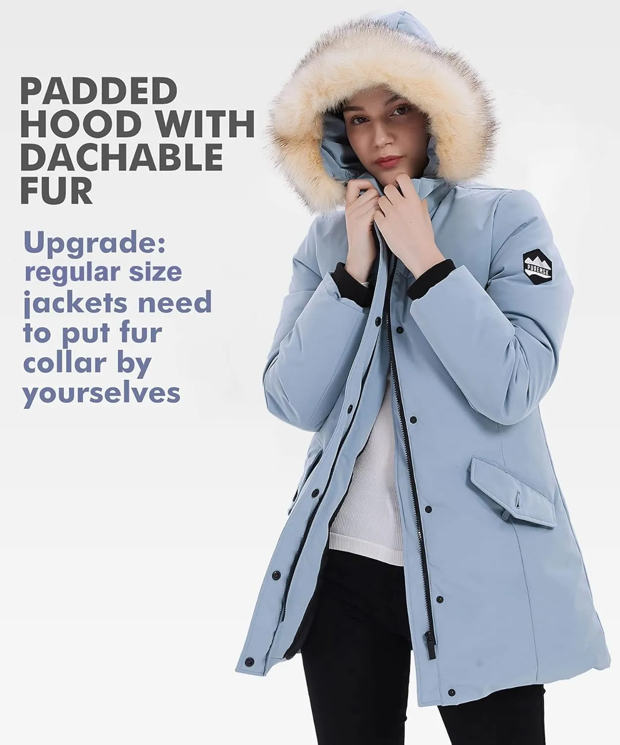 PUREMSX Winter Coat for Women, Thick Warm Fur Hood Insulated Vegan Down Padded Jacket Parka XS-XXL
