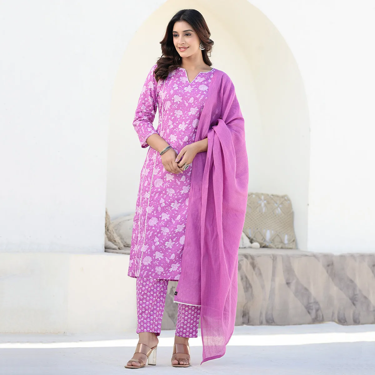 Purple Cotton Straight Suit Set with Dupatta