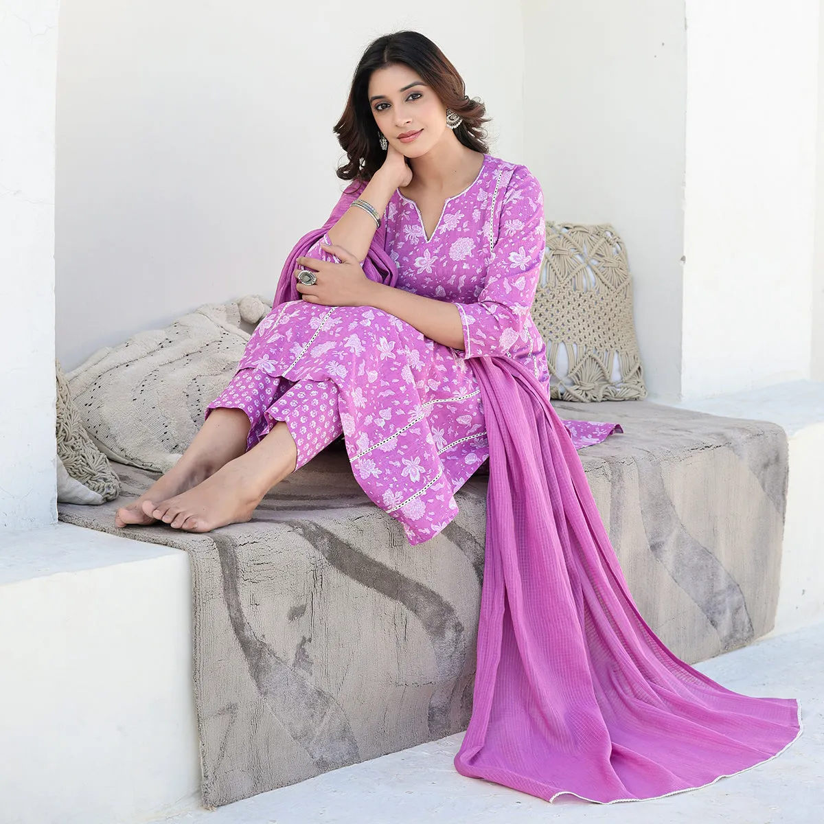 Purple Cotton Straight Suit Set with Dupatta