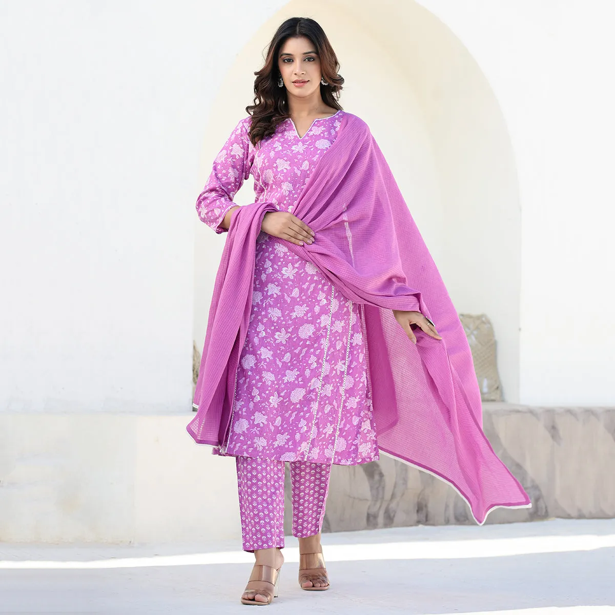 Purple Cotton Straight Suit Set with Dupatta