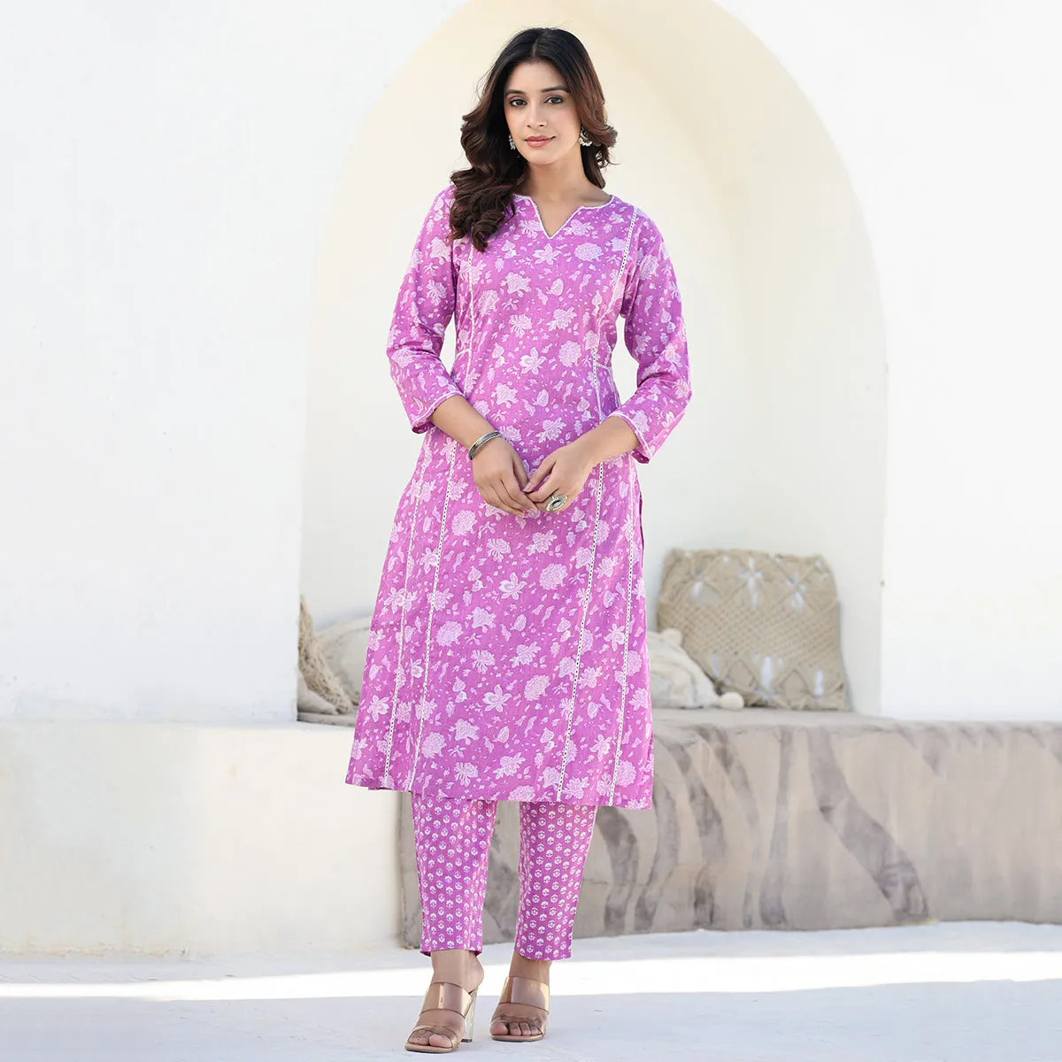 Purple Cotton Straight Suit Set with Dupatta