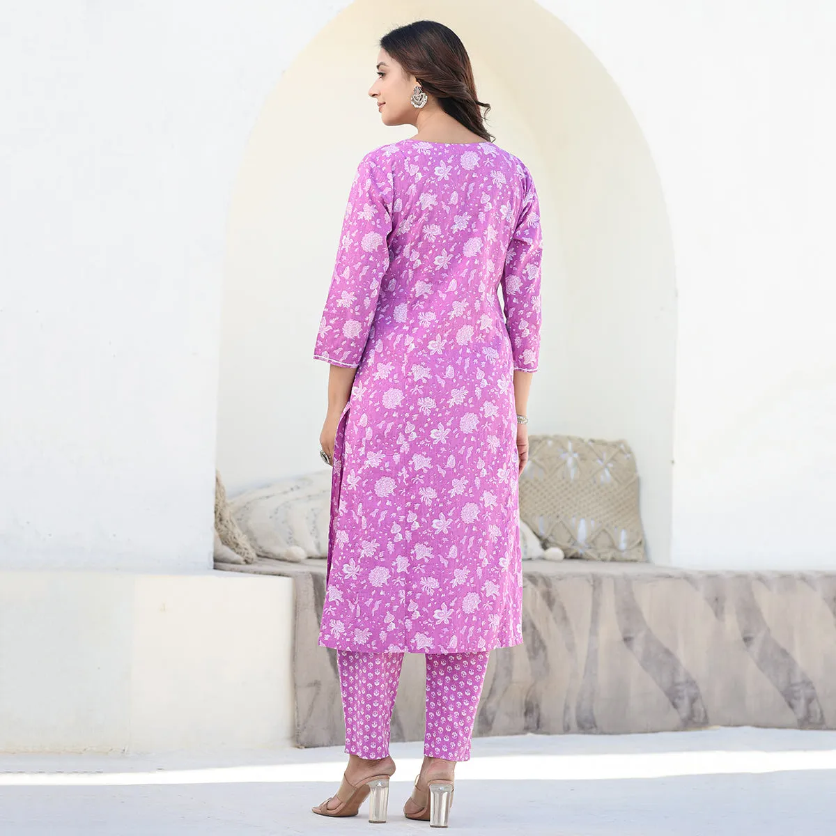 Purple Cotton Straight Suit Set with Dupatta