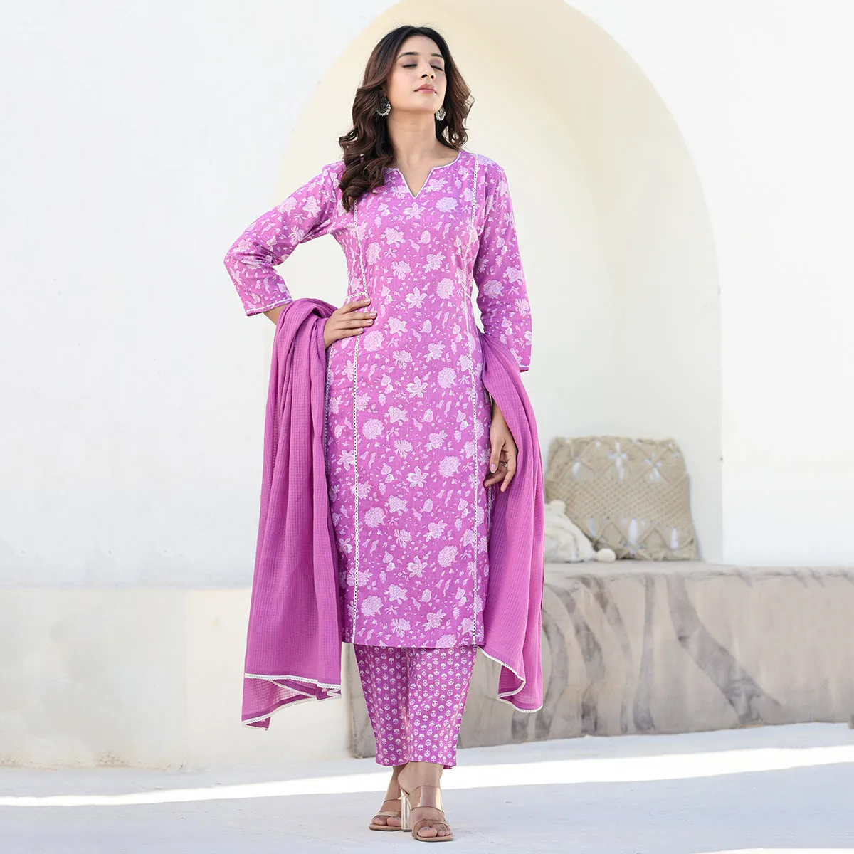 Purple Cotton Straight Suit Set with Dupatta