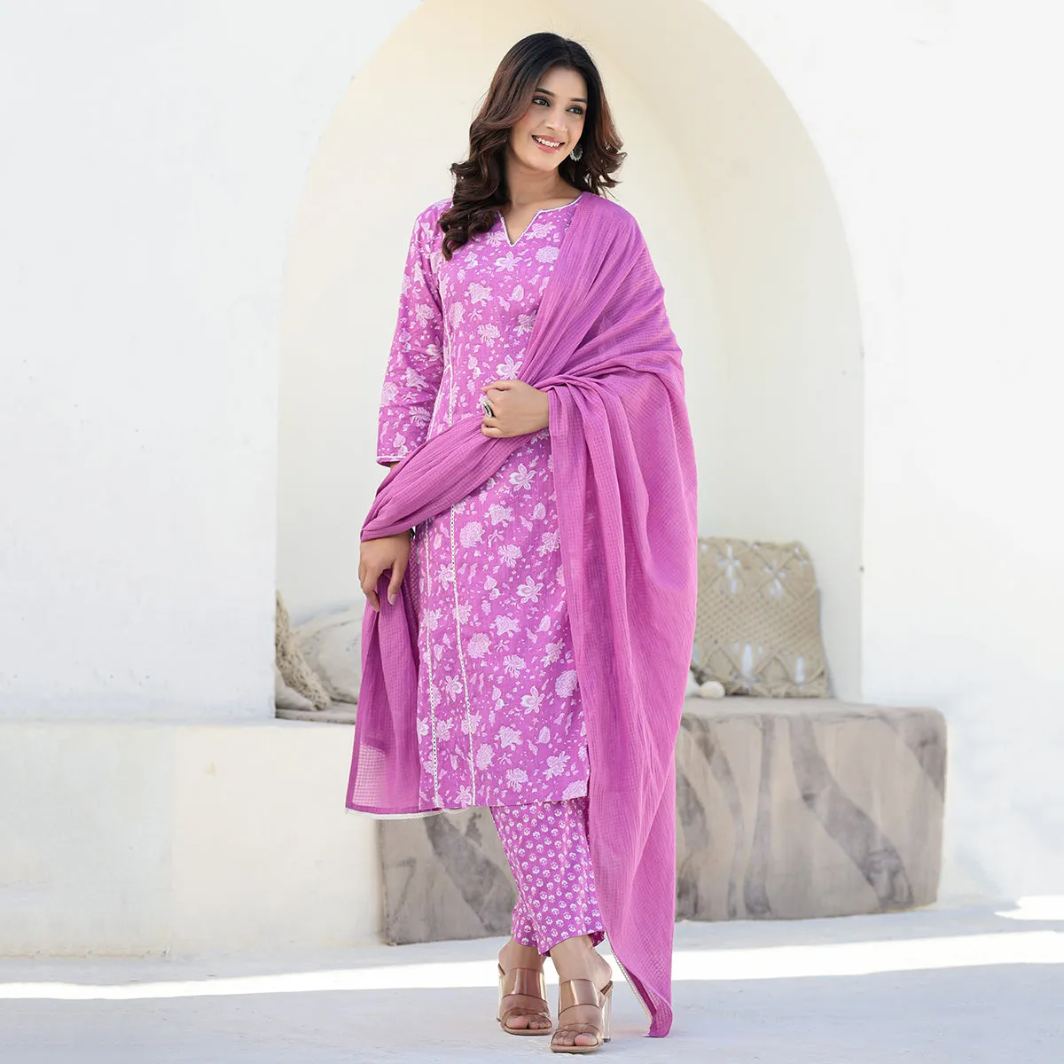 Purple Cotton Straight Suit Set with Dupatta