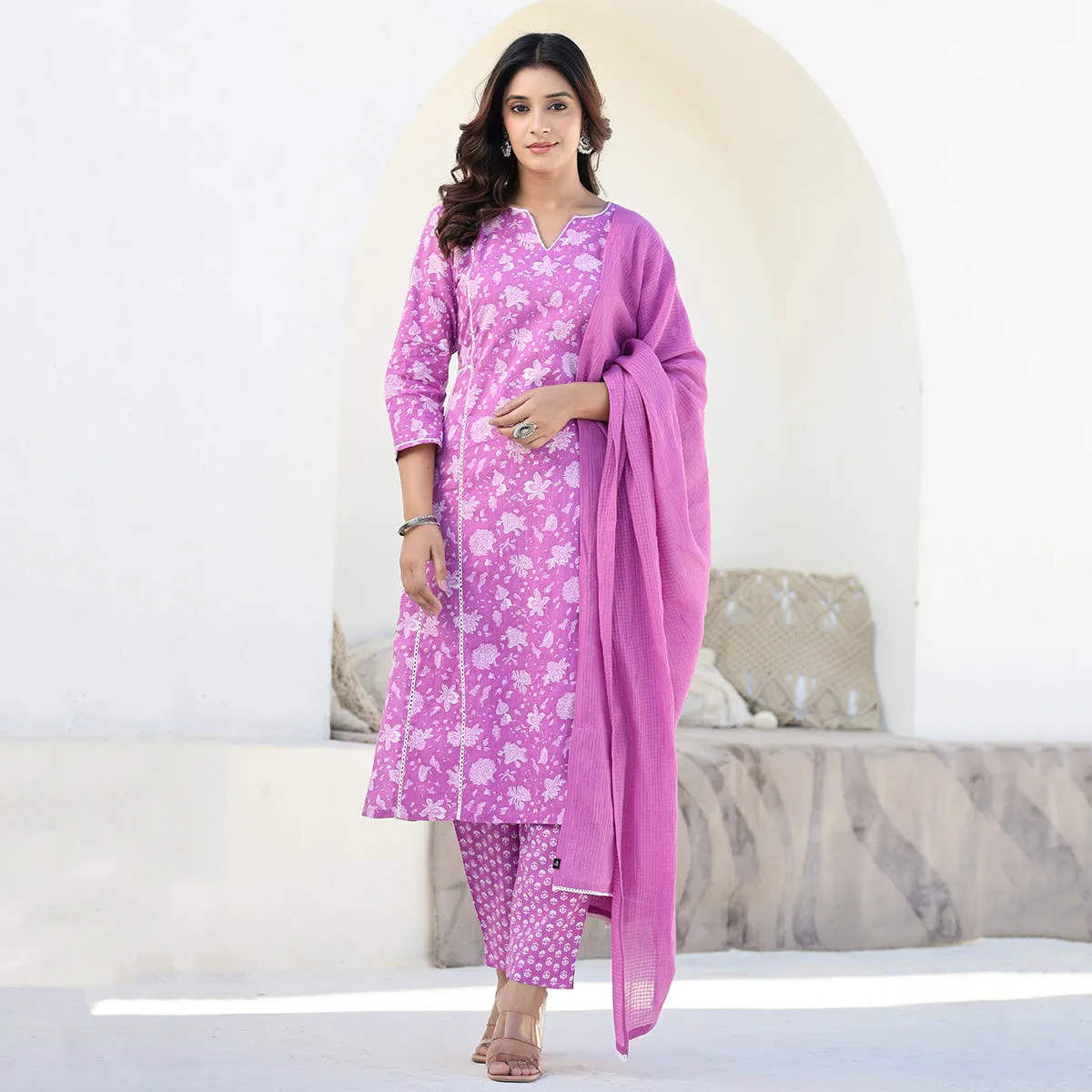 Purple Cotton Straight Suit Set with Dupatta