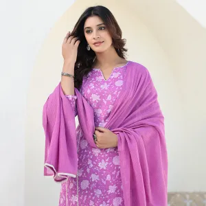 Purple Cotton Straight Suit Set with Dupatta