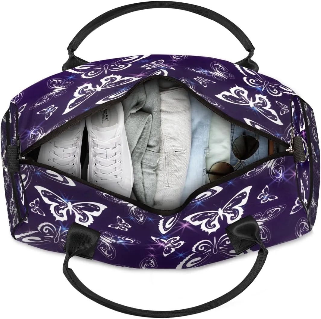 Purple Travel Duffle Bag for Women Men Foldable Waterproof Weekender Bag Carry on Tote for Overnight Sports Gym Butterfly