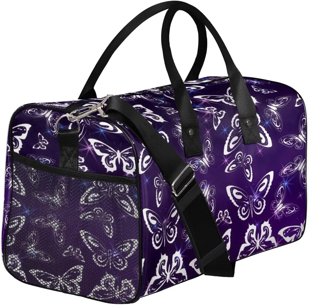 Purple Travel Duffle Bag for Women Men Foldable Waterproof Weekender Bag Carry on Tote for Overnight Sports Gym Butterfly