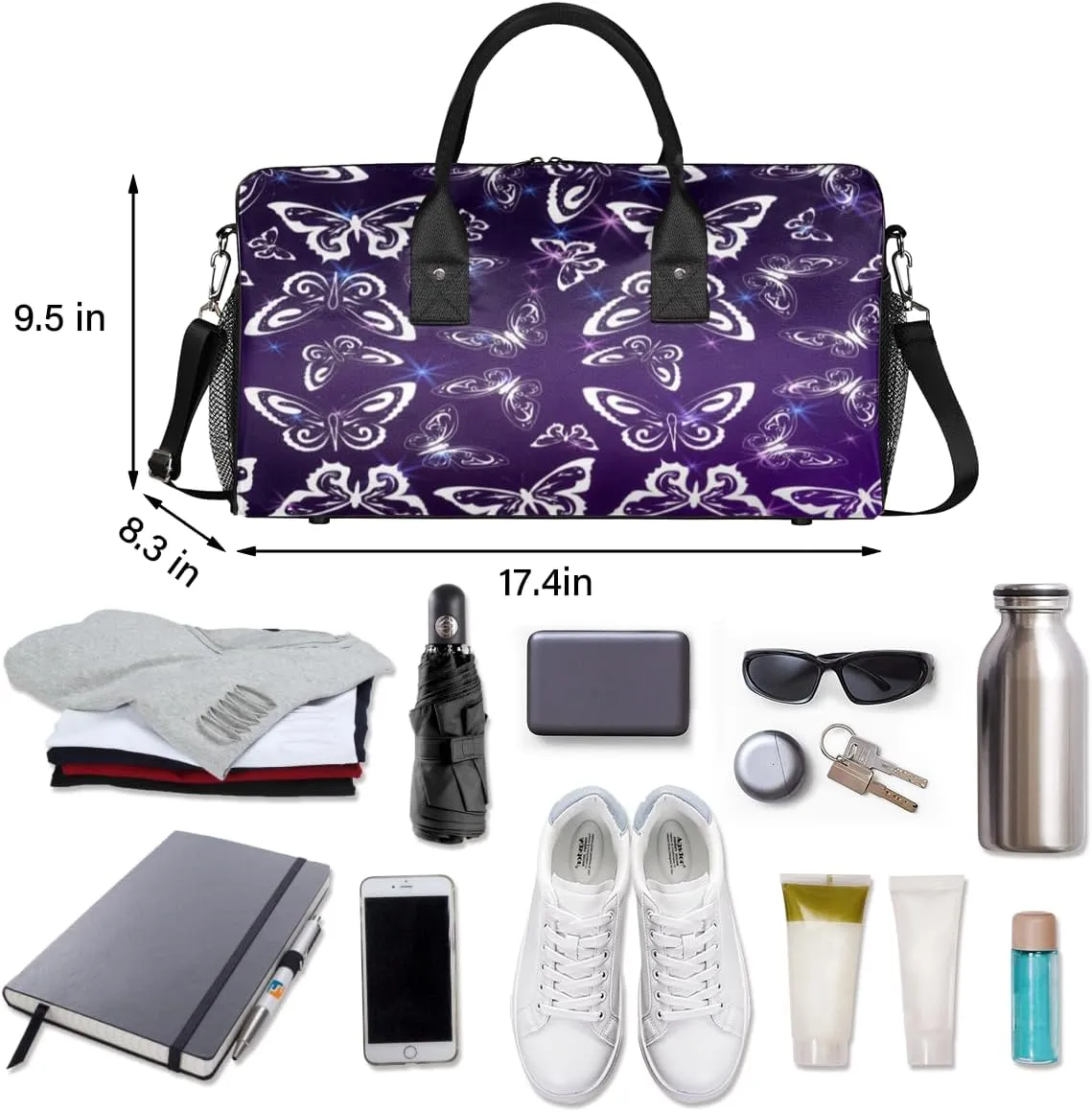 Purple Travel Duffle Bag for Women Men Foldable Waterproof Weekender Bag Carry on Tote for Overnight Sports Gym Butterfly