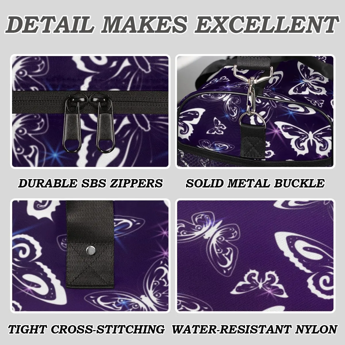 Purple Travel Duffle Bag for Women Men Foldable Waterproof Weekender Bag Carry on Tote for Overnight Sports Gym Butterfly