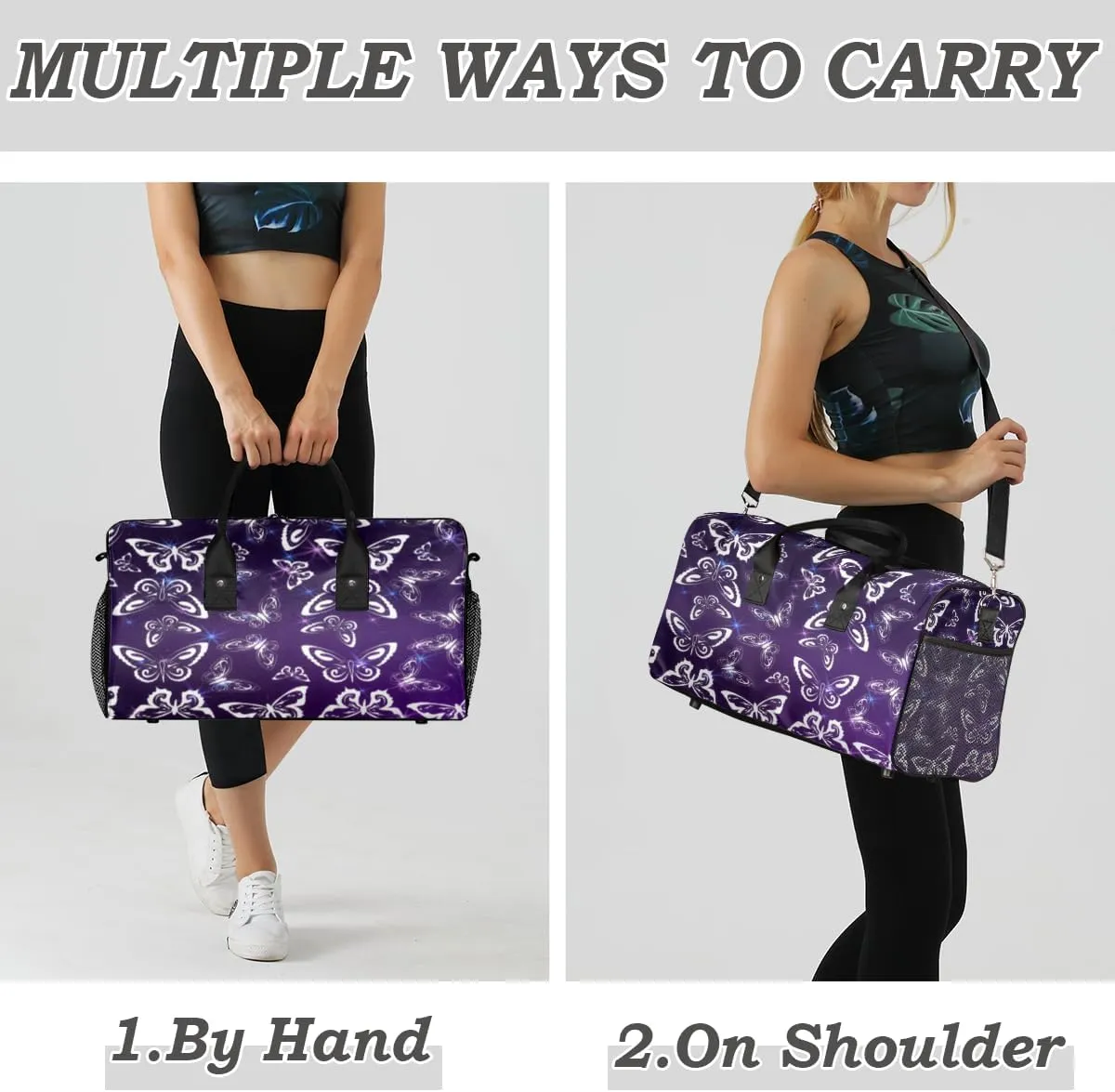 Purple Travel Duffle Bag for Women Men Foldable Waterproof Weekender Bag Carry on Tote for Overnight Sports Gym Butterfly