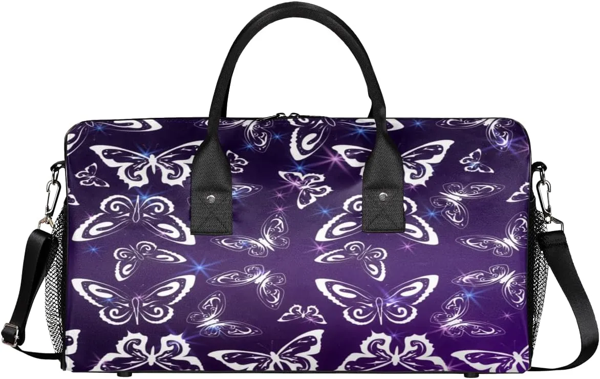Purple Travel Duffle Bag for Women Men Foldable Waterproof Weekender Bag Carry on Tote for Overnight Sports Gym Butterfly