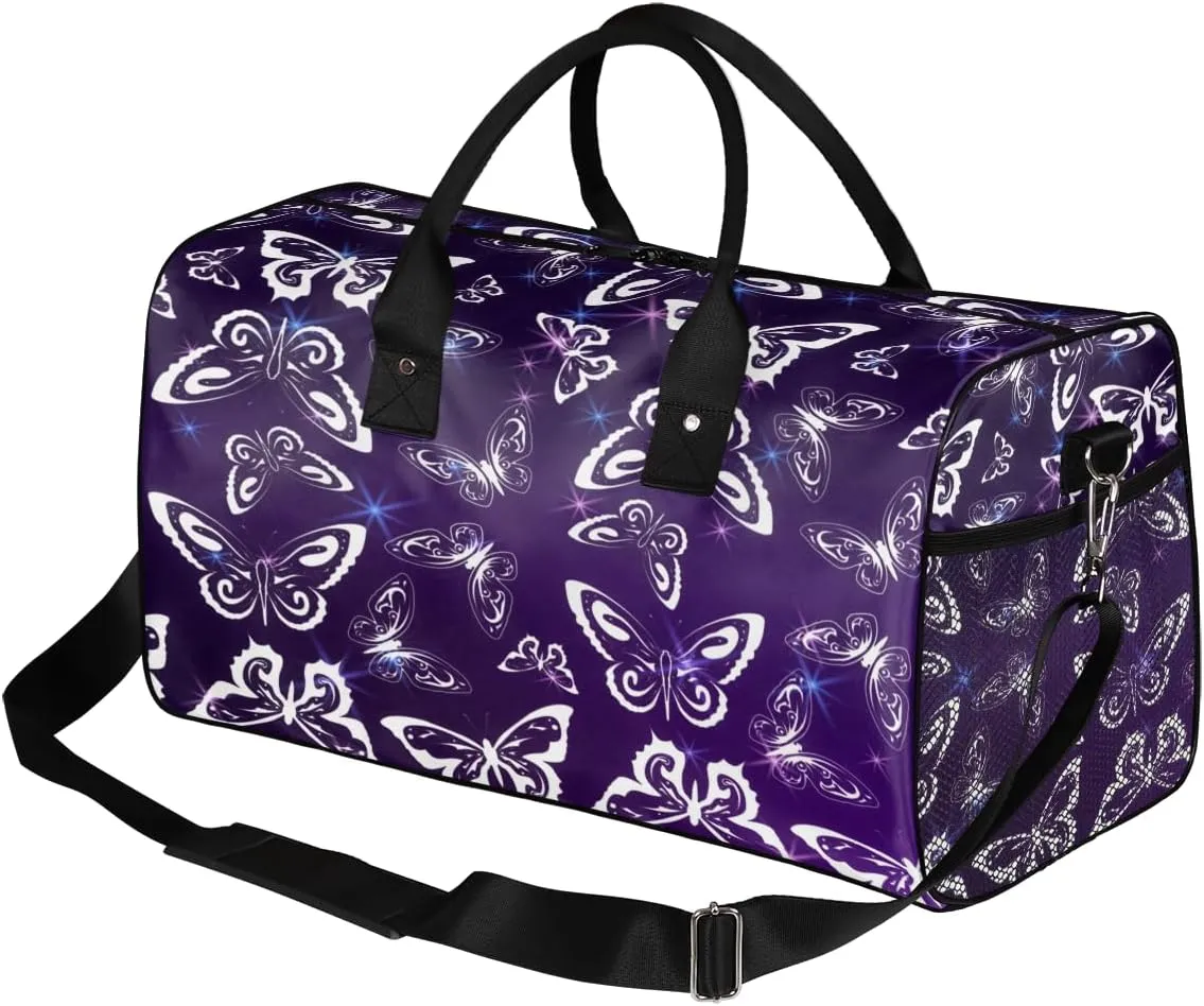 Purple Travel Duffle Bag for Women Men Foldable Waterproof Weekender Bag Carry on Tote for Overnight Sports Gym Butterfly