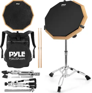 Pyle 12” Practice Pad Set with Snare Stand-Double Sided Rubber Silent Dumb Drumpad with Drumming Accessories, Adjustable Rack Mount, Pair of 5A Drumsticks, Travel Bag, Black (PSDPKIT10.5)