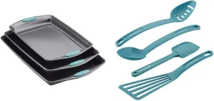 Rachael Ray Bakeware and Utensil Set, 7-Piece, Gray with Agave Blue Grips