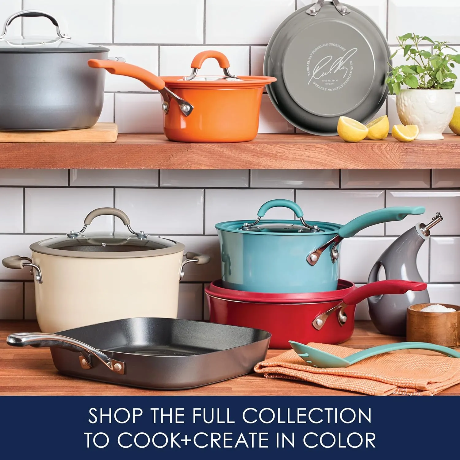 Rachael Ray Cook   Create Nonstick Pots and Pans Set with Universal Space-Saving Lids, Baking Pan/Cookie Sheet, and Kitchen Cooking Tools, Cookware Set, 11 Piece - Orange