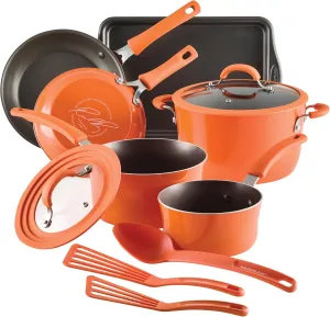 Rachael Ray Cook   Create Nonstick Pots and Pans Set with Universal Space-Saving Lids, Baking Pan/Cookie Sheet, and Kitchen Cooking Tools, Cookware Set, 11 Piece - Orange