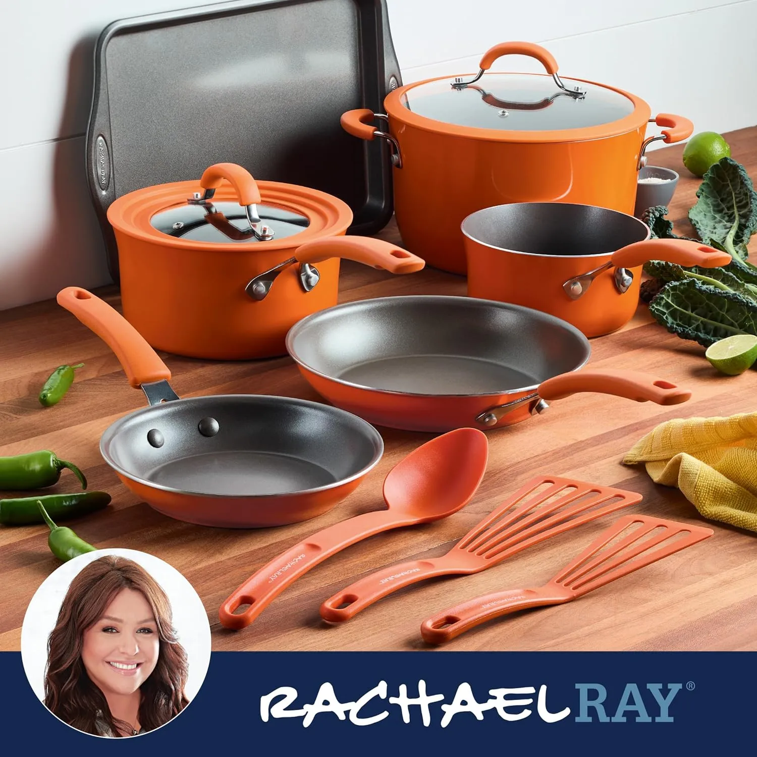 Rachael Ray Cook   Create Nonstick Pots and Pans Set with Universal Space-Saving Lids, Baking Pan/Cookie Sheet, and Kitchen Cooking Tools, Cookware Set, 11 Piece - Orange