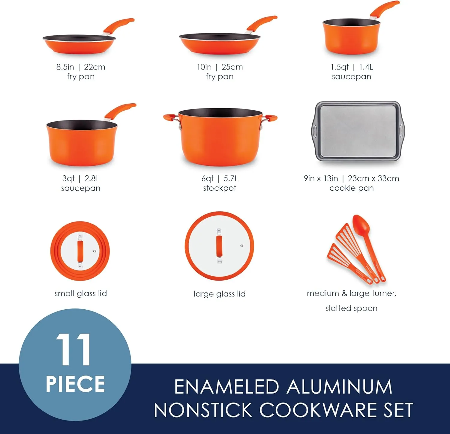 Rachael Ray Cook   Create Nonstick Pots and Pans Set with Universal Space-Saving Lids, Baking Pan/Cookie Sheet, and Kitchen Cooking Tools, Cookware Set, 11 Piece - Orange