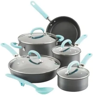 Rachael Ray Create Delicious Hard Anodized Nonstick Cookware Induction Pots and Pans Set, 10 Piece - Gray with Light Blue Handles
