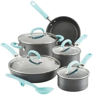 Rachael Ray Create Delicious Hard Anodized Nonstick Cookware Induction Pots and Pans Set, 10 Piece - Gray with Light Blue Handles