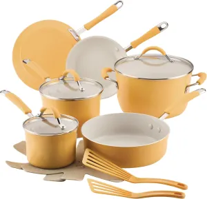 Rachael Ray Cucina Ceramic Nonstick Pots and Pans Set with Saucepans, Saute, Frying Pans, Stockpot, Lids, Pan Protectors, and Cooking Utensils, 13 Piece Cookware Set - Tumeric Yellow