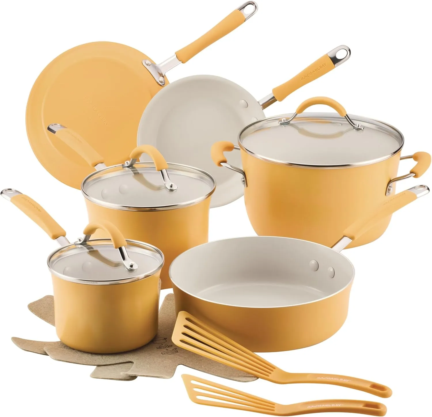 Rachael Ray Cucina Ceramic Nonstick Pots and Pans Set with Saucepans, Saute, Frying Pans, Stockpot, Lids, Pan Protectors, and Cooking Utensils, 13 Piece Cookware Set - Tumeric Yellow