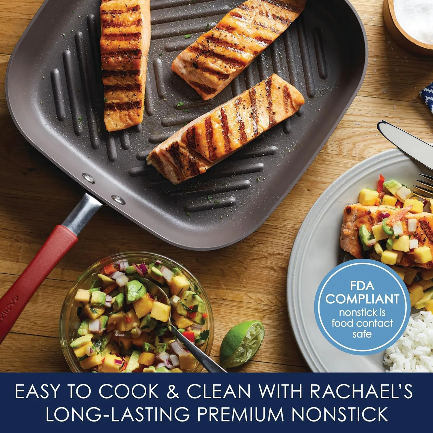Rachael Ray Cucina Hard-Anodized Nonstick 11-Inch Deep Square Grill Pan, Gray with Cranberry Red Handle - 87632